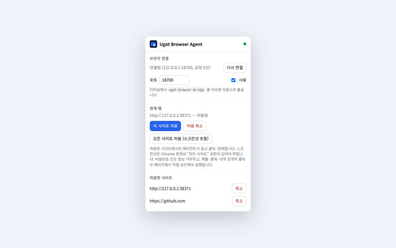 확장 팝업 — 브릿지 연결 상태와 사이트 허용